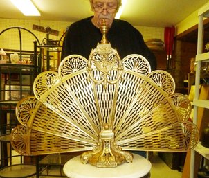 Brass Peacock Fan Fireplace Screen, Goddess Face