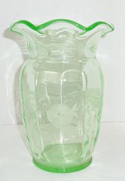 Vintage Green Glass Etched Vase GLOWS