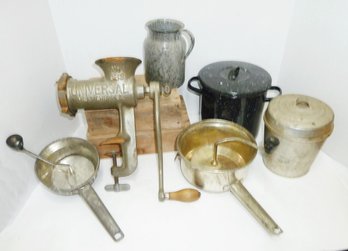 Vintage Kitchen Tools, Grinder, Pots
