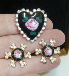 Vintage Enameled ROSE Pin, Earrings