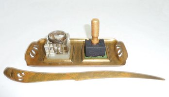 Vintage Art Nouveau Brass Desk Set