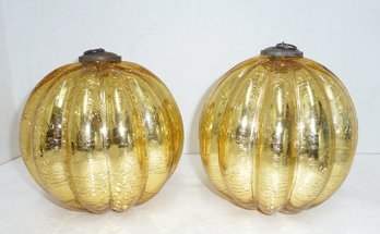 2 BIG Gold Crackle Glass Kugel Ornaments