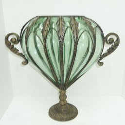 Large Green Glass Metal Framed Vase