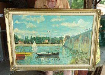 Large Framed Oil Canvas Painting, BOATS