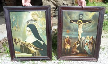 Antique Litho Paintings On Tin, PAIR