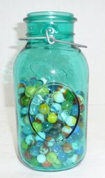 Vintage Marbles In Colored Canning Jar