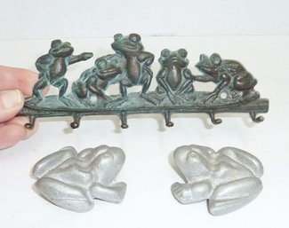 Naughty Frog PAIR, Brass Frog Wall Hook