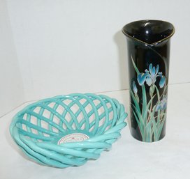 Black Onyx Vase, Lattice Edge Pottery Bowl