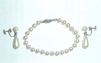 Vint Pearl Bracelet Mkd STERLING, Earrings