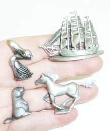 Miniature Pewter Pieces, Ship, Horse Etc