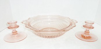 Vint Depression Glass Bowl, Candlesticks
