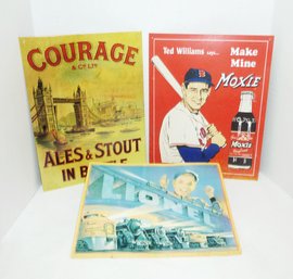 3 Metal Advertising Signs, Moxie, Lionel
