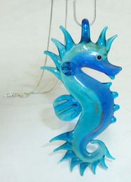 Art Glass Seahorse Pendant, Chain Mkd 925