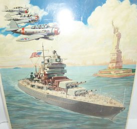 Guardians Of Liberty WWII Lithograph, Military Ship, Aircraft