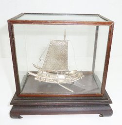 Silver Asian Ship In Glass Case FOUND THE STRIP OF WOOD