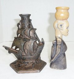2 Pc LOT Bud Vases, Ship, Stone Carving
