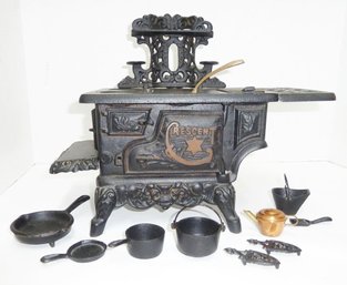 Adorable Cast Iron Miniature Stove, Utensils