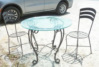 Wrought Iron Glass Table, 2 Chairs