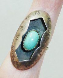 Long Native Am Silver Turquoise Ring SIZE 7