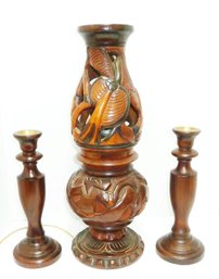 Carved Wooden Folk Art Lamp, Light LOT