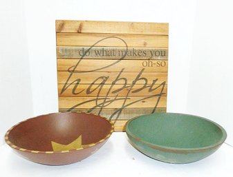 Wood HAPPY Sign, 2 Painted Bowls