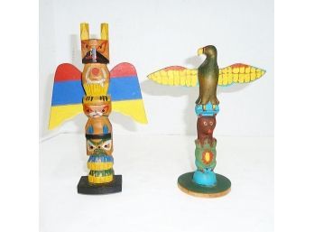 2 Pc Wood Hand Painted Totem