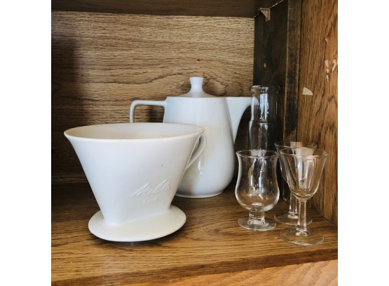 Shelf Lot: Coffee Pot, Glassware Melitta Porcelain 1 Hole Drip Cone Pour Over Coffee Filter Holder