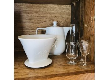 Shelf Lot: Coffee Pot, Glassware Melitta Porcelain 1 Hole Drip Cone Pour Over Coffee Filter Holder