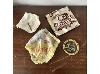 Vintage Souvenir Handkerchiefs And Small Dish