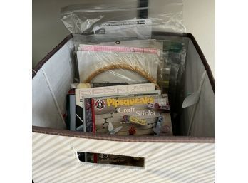Bin With Craft Books, Patterns, Kits And Finished Cross Stitch Pieces