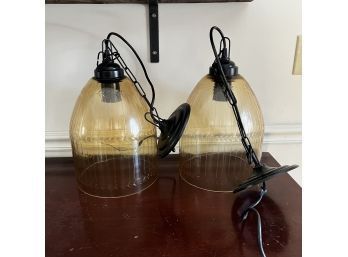Pair Of Etched Glass Pendant Lights
