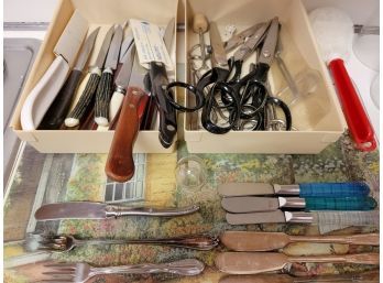 Kitchen Counter Misc Lot Of Knives/Scissors/misc Silverware (Living Room)