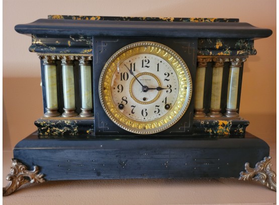 Antique Seth Thomas Green Marble/Black Adamantine Mantel Clock Circa 1900 (Upstairs)