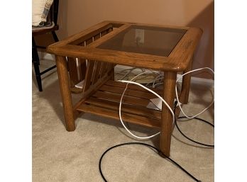 Wooden End Table With Glass Top And Magazine Storage (Upstairs)