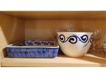 Kitchen Shelf Lot: Polish Pottery Baking Dish And Other Pieces (Kitchen Shelf #8)