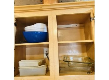 Cabinet Lot (above Stove) With Glass Bakeware And Plastic Storage (Kitchen)
