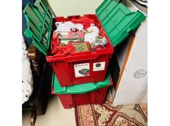 Pair Of Bins With Christmas Ornaments And Decorations (Basement)