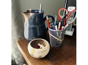Desk Accessories Lot With Pen Holder And Pottery Jug (Upstairs Bedroom)