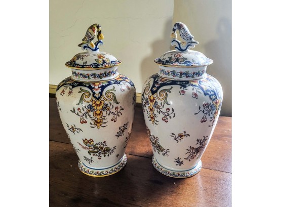 Set Of 2 Signed Antique Ceramic Vases With Bird Tops (Great Room)