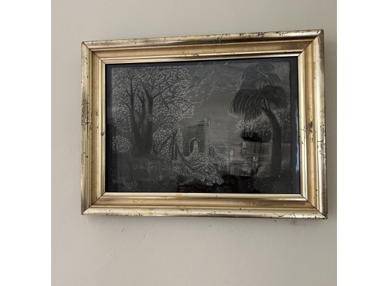 Vintage Black And White Painted Picture In Frame (BR 2)