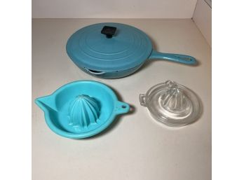 Lot Of Kitchen Items- Le Cruset Pan With Lid In Teal, Teal Plastic Juicer, Clear Glass Juicer  (#3835 Kitchen)