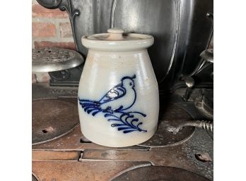 Vintage Crock With Lid And Blue Bird Design (kitchen)
