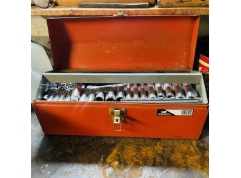 Red Metal Tool Box With Socket Wrenches (Basement)