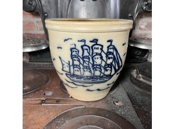 Vintage Stoneware Crock With Blue Sailboat Design (kitchen)