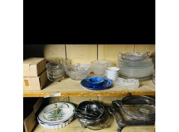 Shelf Lot: Vintage Dishes, Silver Plate, Glassware (Office)