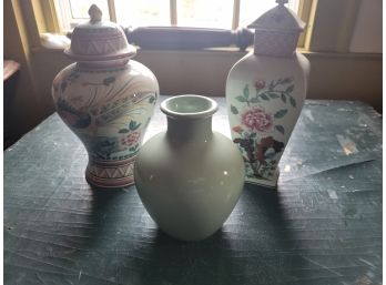 Set Of 3 Vintage Hand Painted Ceramic Vases (Great Room)