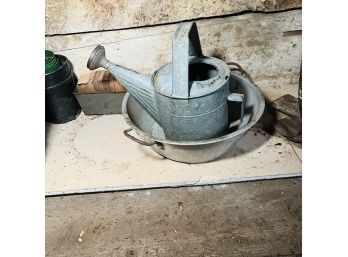 Galvanized Metal Watering Can And Metal Bowl (Barn - Interior Room With Door)