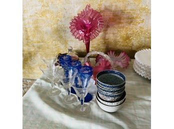 Odds And Ends Lot With Ruffled Glass Baskets, Glassware And Bowls (Dining Room)