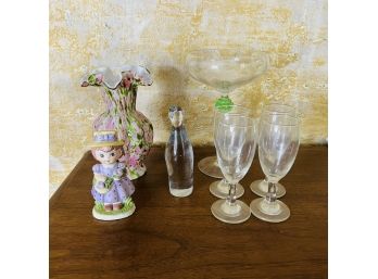 Odds And Ends Lot With Ruffled Edge Vase, Ceramic Figure, Glass Penguin And Stemware (Dining Room)