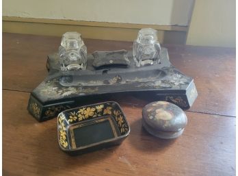 Antique Desk Accessories: Ink Well With Bottles And Accessory Holders ( Great Room)